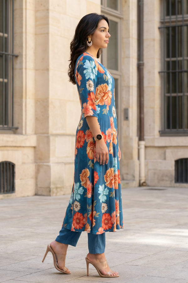 Aurelia Women's Blue Floral Printed Rayon A-line Kurta