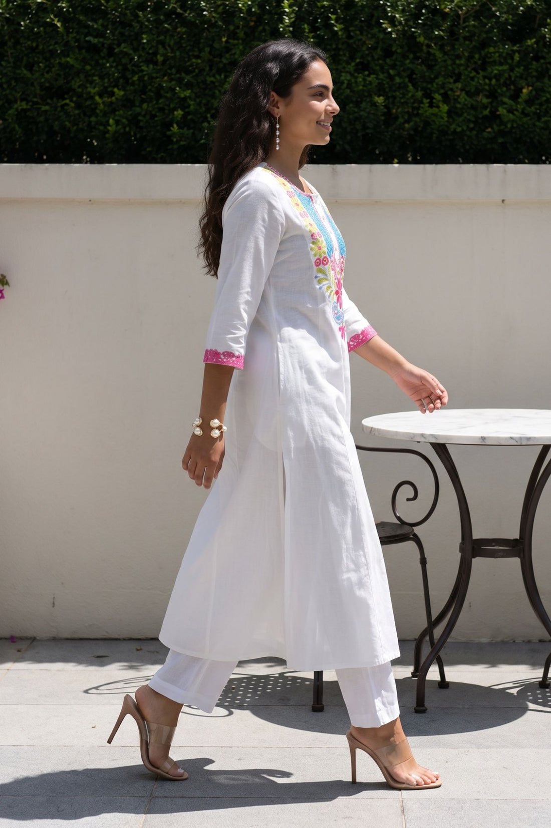 White Embroidered Cotton Flax Flared Kurta