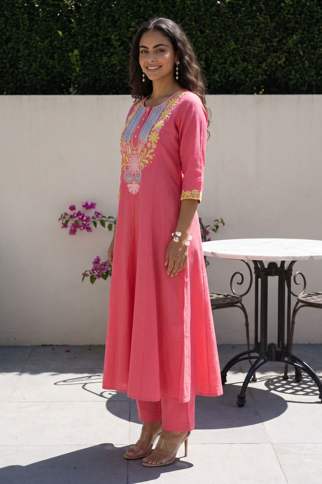 Pink Embroidered Cotton Flax Flared Kurta