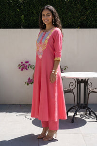Pink Embroidered Cotton Flax Flared Kurta