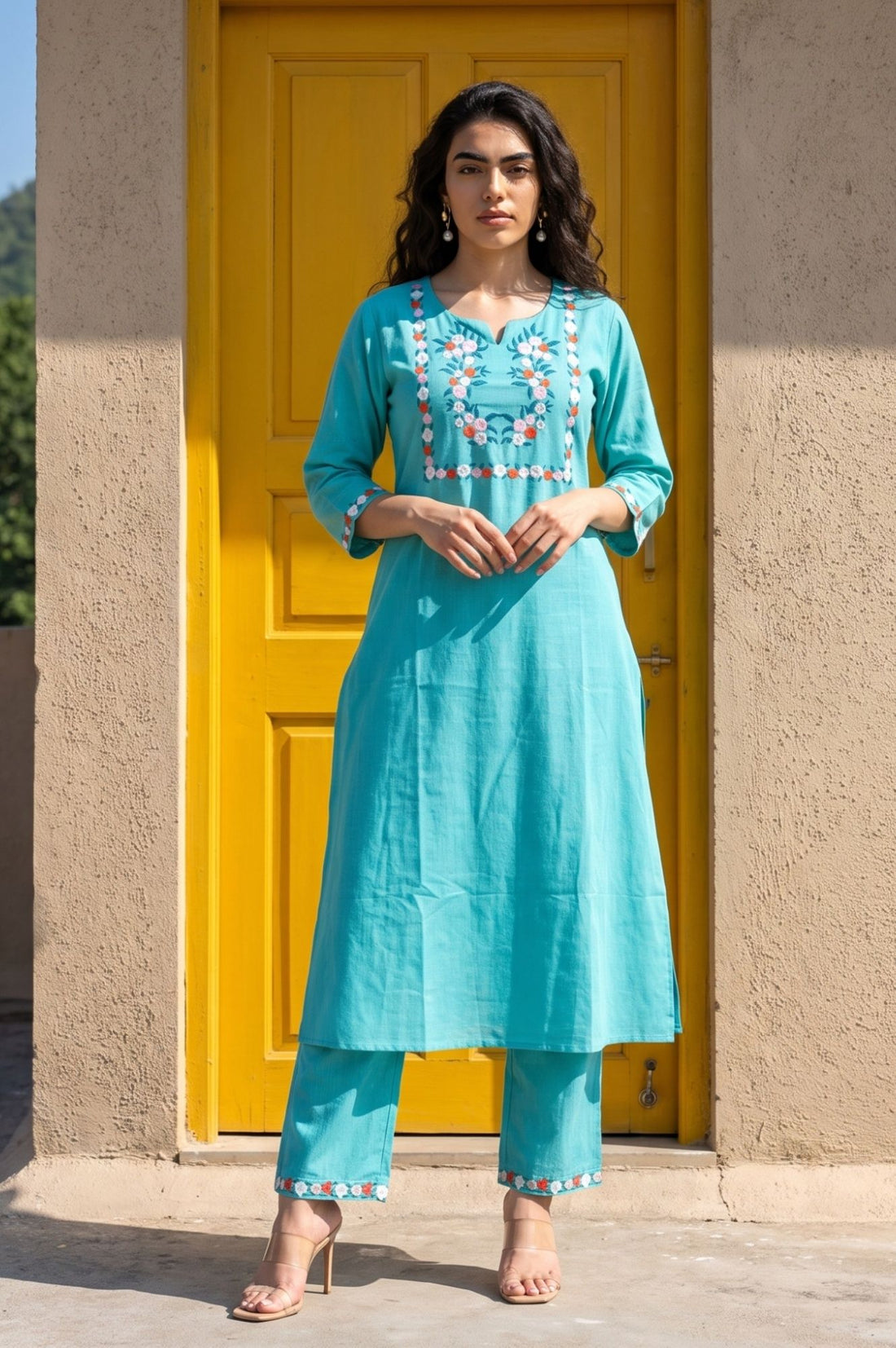Turquoise Blue Embroidered Cotton Flax Straight Kurta
