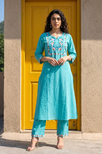 Turquoise Blue Embroidered Cotton Flax Straight Kurta