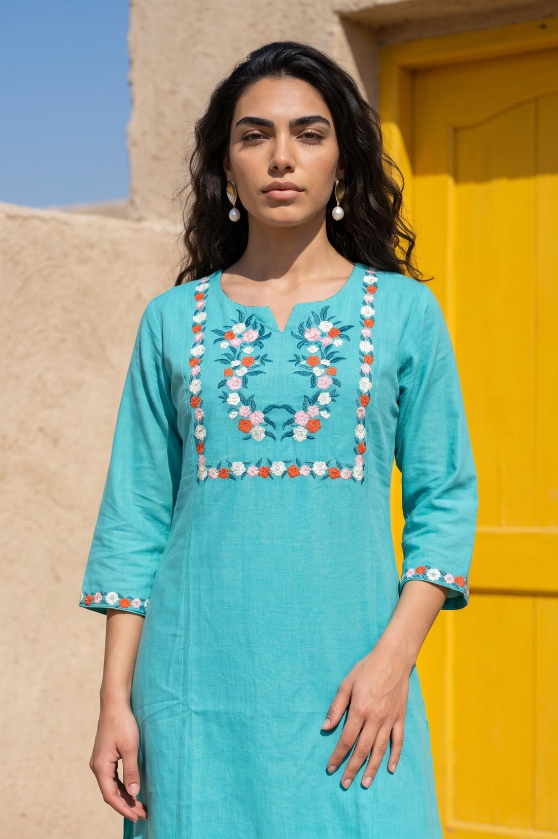 Turquoise Blue Embroidered Cotton Flax Straight Kurta