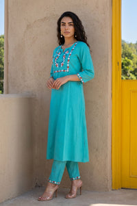 Turquoise Blue Embroidered Cotton Flax Straight Kurta