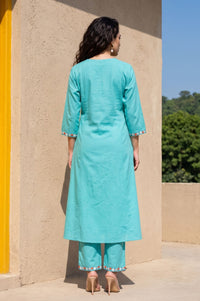 Turquoise Blue Embroidered Cotton Flax Straight Kurta