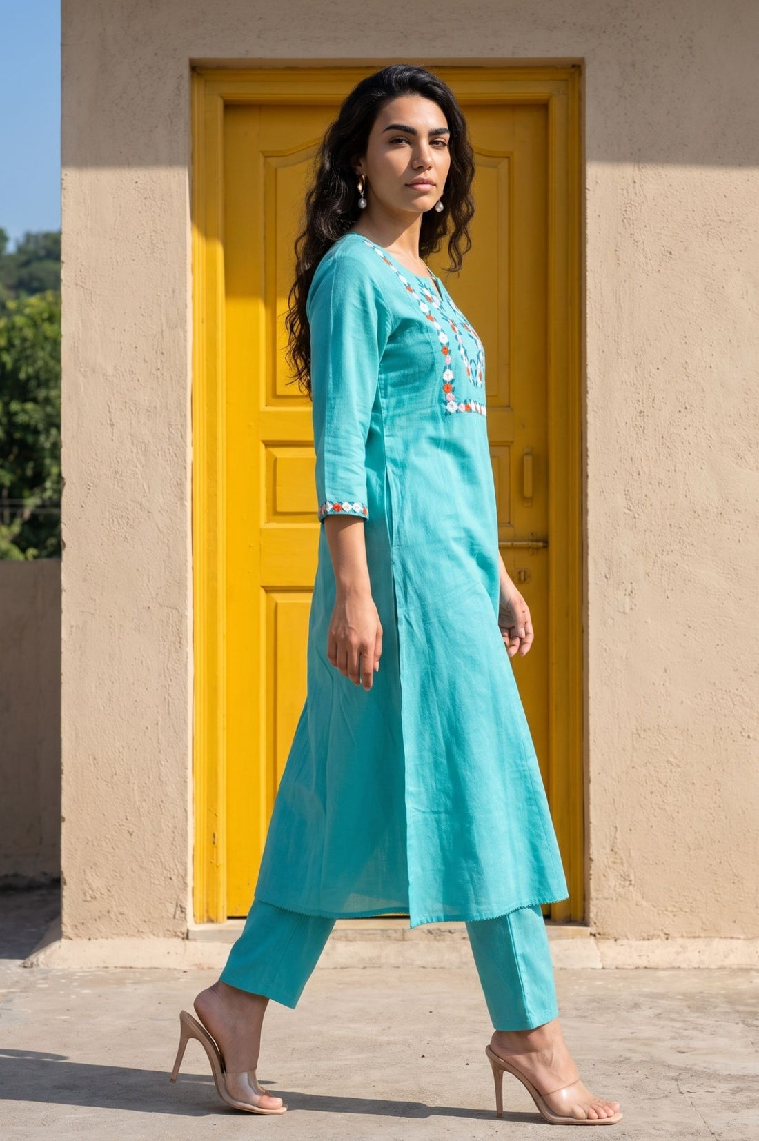 Turquoise Blue Embroidered Cotton Flax Straight Kurta