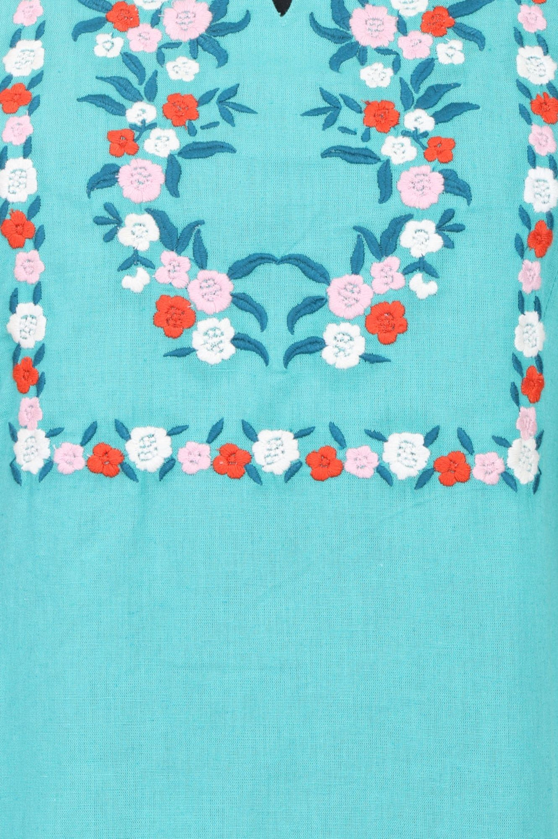 Turquoise Blue Embroidered Cotton Flax Straight Kurta