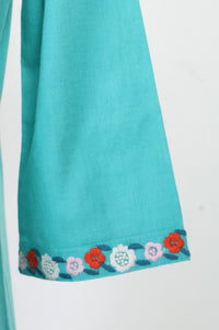 Turquoise Blue Embroidered Cotton Flax Straight Kurta