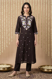 Black Embroidered Pure Cotton Straight Kurta