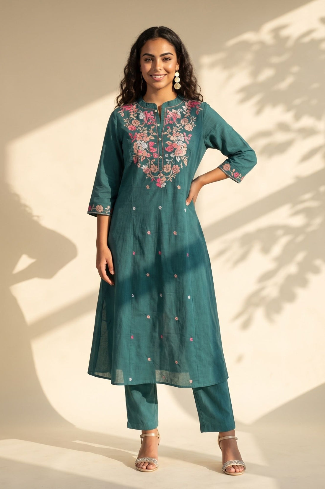 Teal Thread Embroidered Pure Cotton Flared Kurta