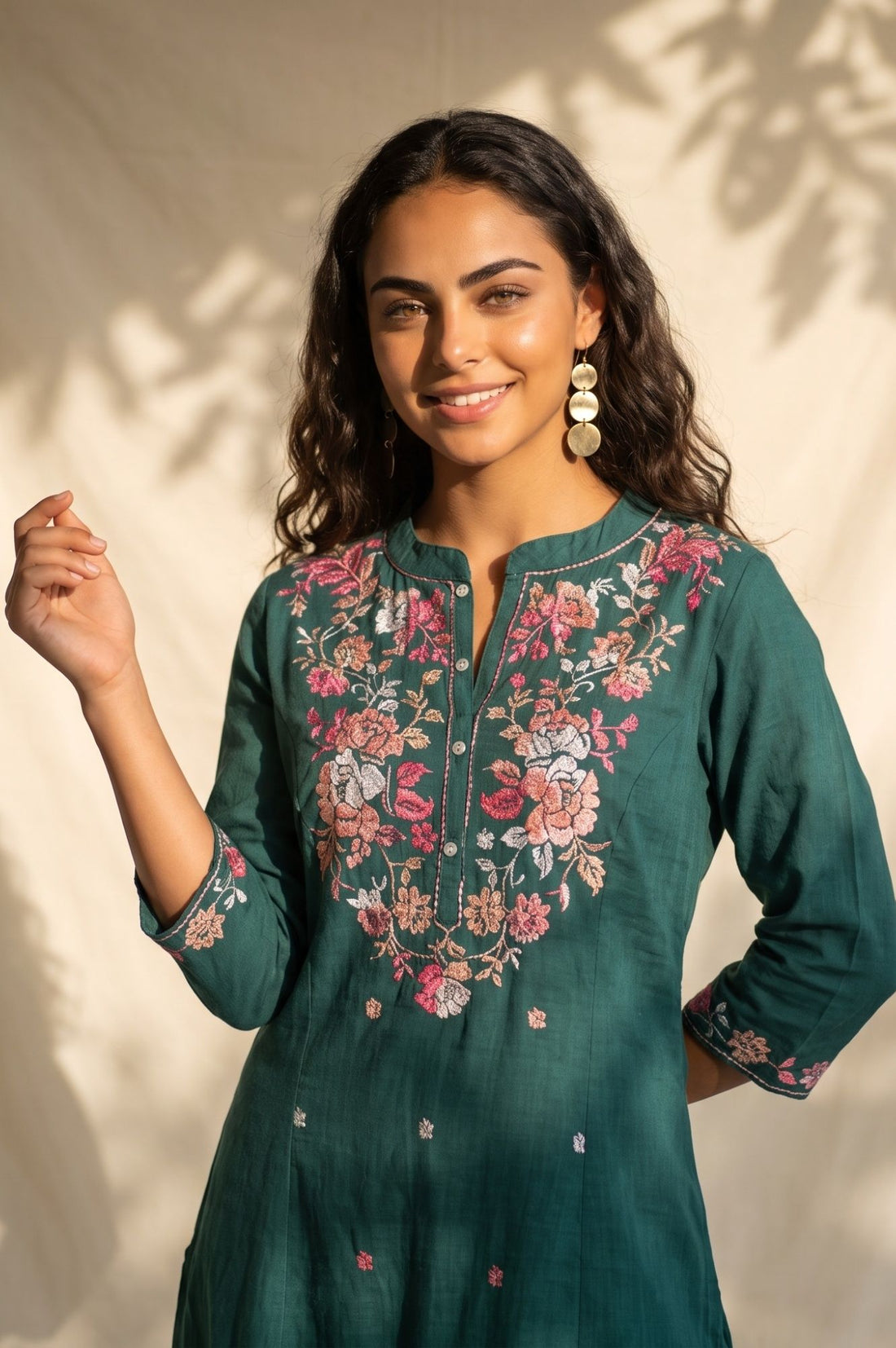 Teal Thread Embroidered Pure Cotton Flared Kurta