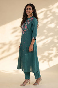 Teal Thread Embroidered Pure Cotton Flared Kurta