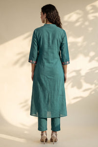 Teal Thread Embroidered Pure Cotton Flared Kurta