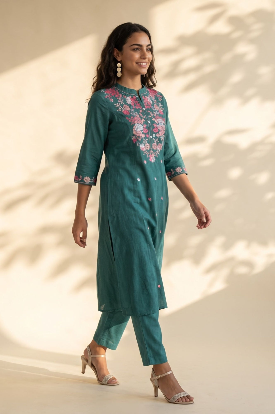 Teal Thread Embroidered Pure Cotton Flared Kurta
