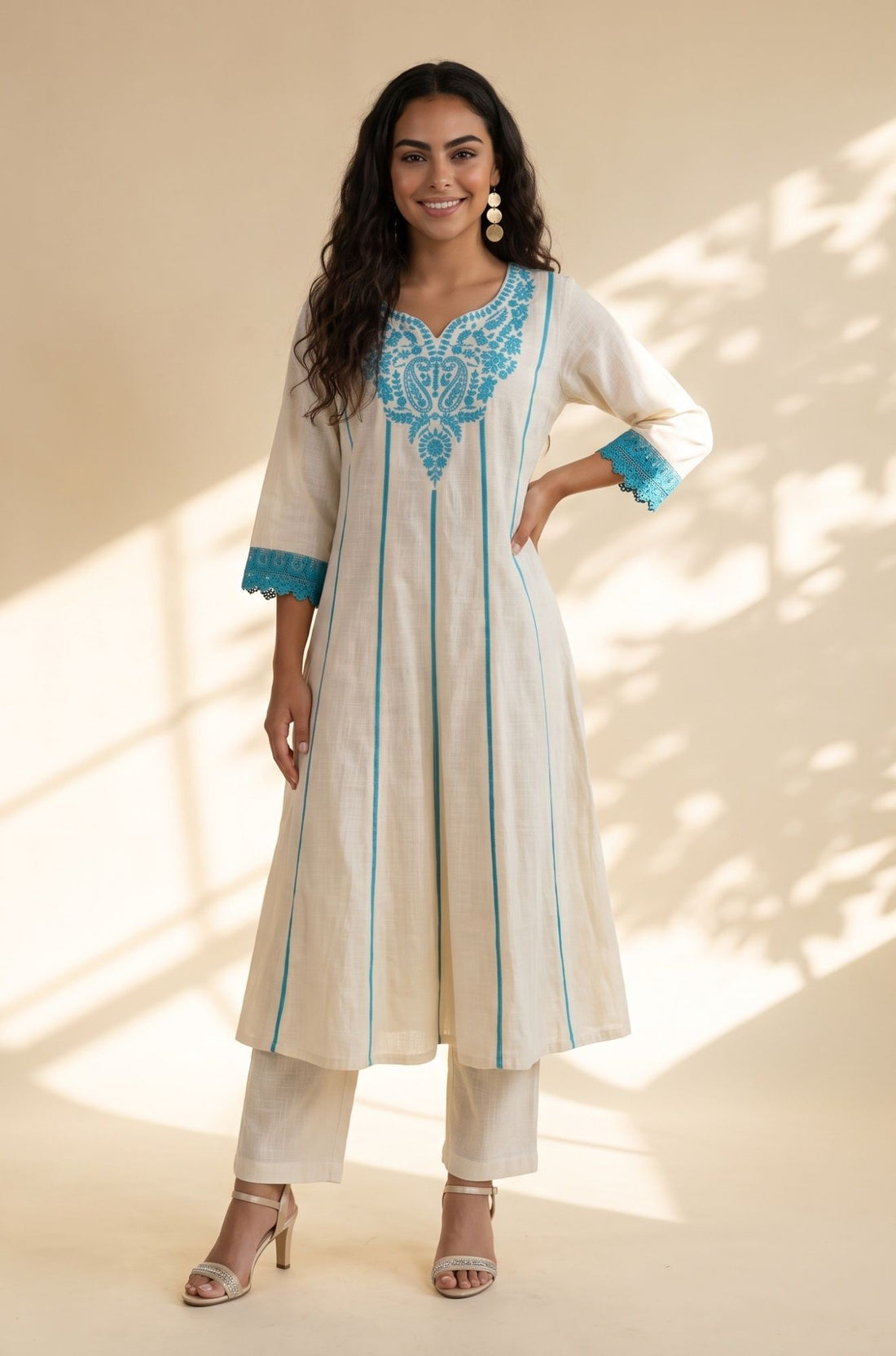 Off White Embroidered Pure Cotton Flared Kurta