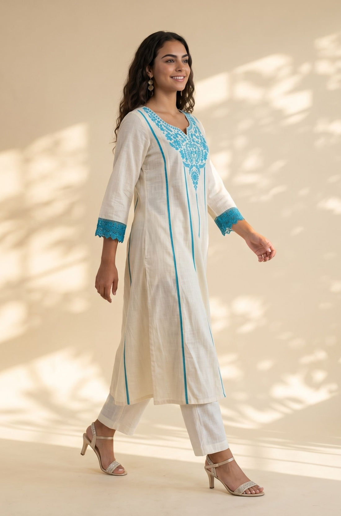 Off White Embroidered Pure Cotton Flared Kurta