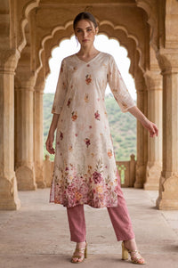 Beige Floral Printed Pure Cotton Straight Kurta