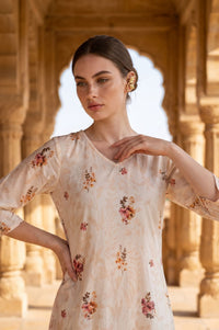 Beige Floral Printed Pure Cotton Straight Kurta