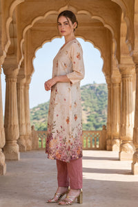 Beige Floral Printed Pure Cotton Straight Kurta