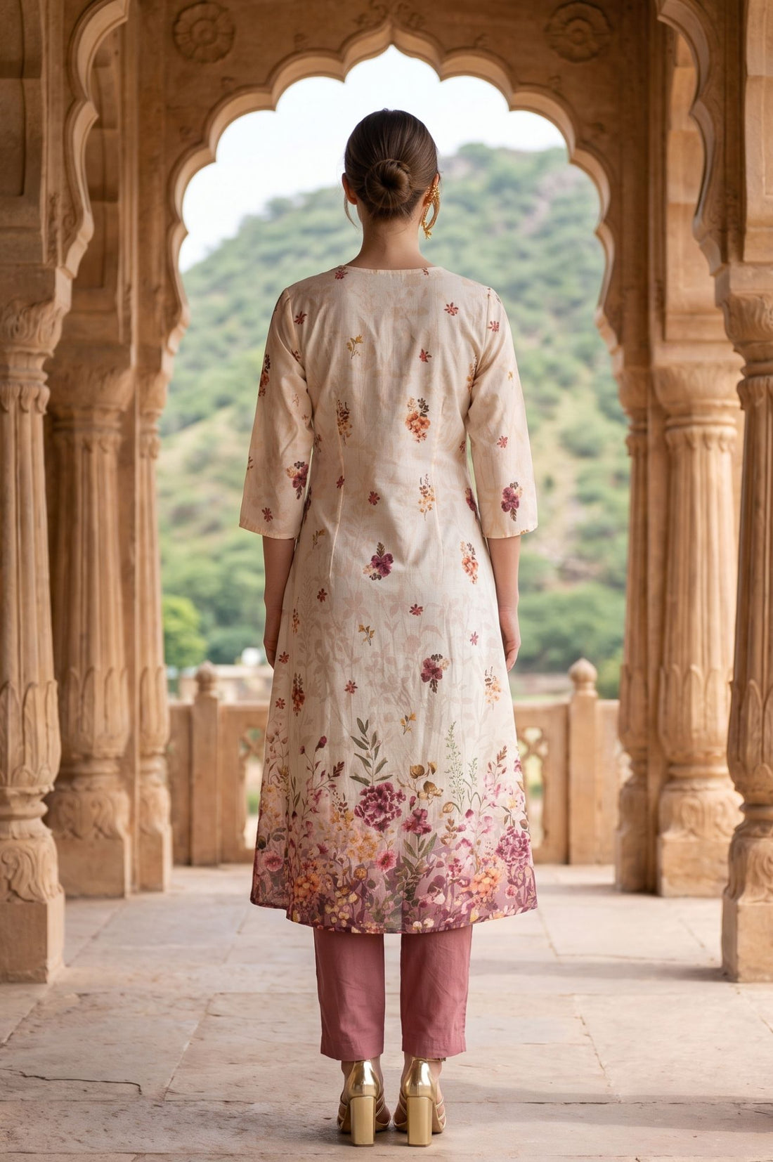 Beige Floral Printed Pure Cotton Straight Kurta