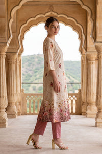 Beige Floral Printed Pure Cotton Straight Kurta