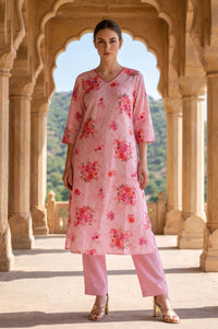 Pink Floral Printed Pure Cotton Straight Kurta