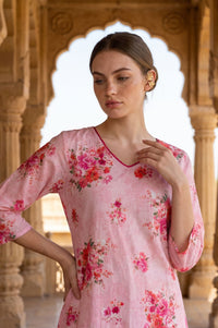 Pink Floral Printed Pure Cotton Straight Kurta