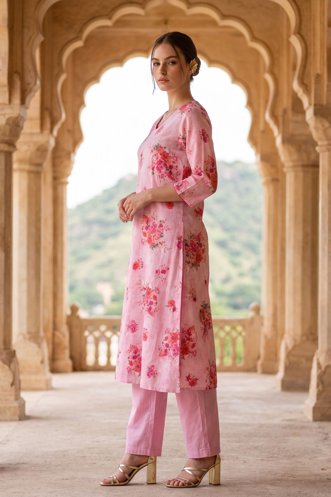 Pink Floral Printed Pure Cotton Straight Kurta