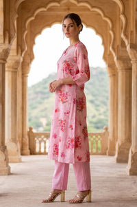 Pink Floral Printed Pure Cotton Straight Kurta