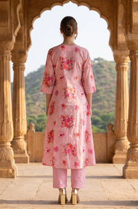 Pink Floral Printed Pure Cotton Straight Kurta