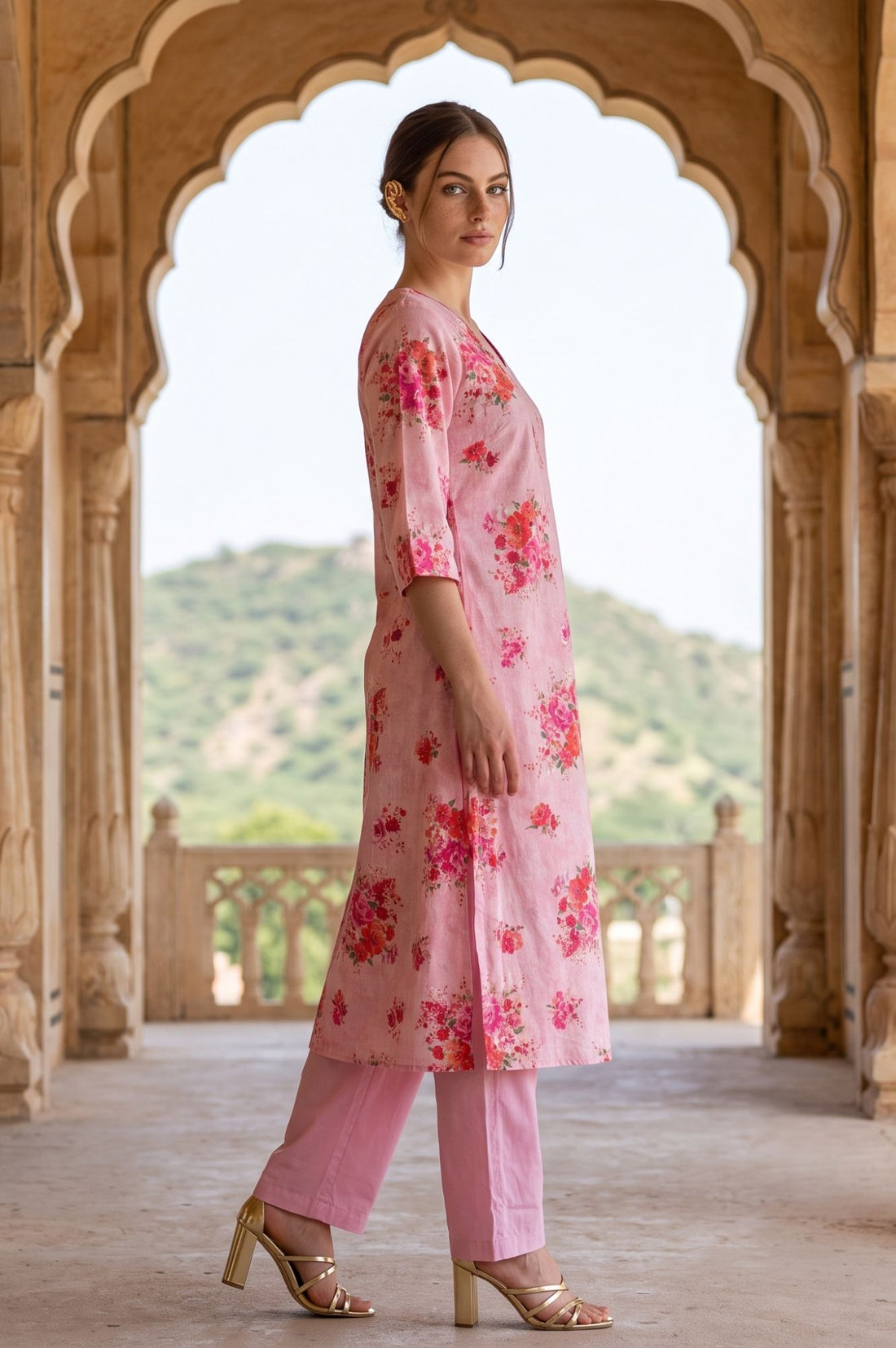 Pink Floral Printed Pure Cotton Straight Kurta