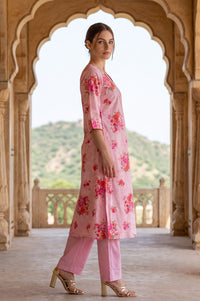 Pink Floral Printed Pure Cotton Straight Kurta