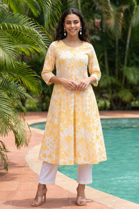 White Ethnic Motifs Pure Cotton A-line Kurta