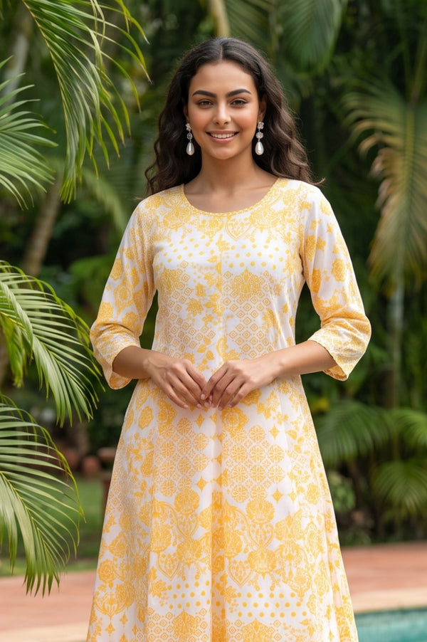 White Ethnic Motifs Pure Cotton A-line Kurta