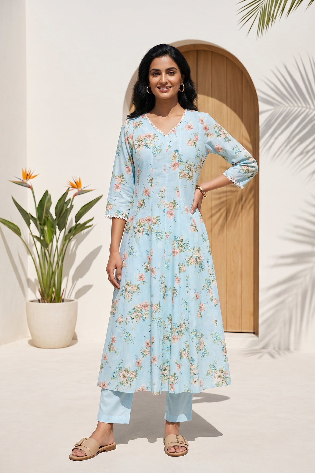 Blue Floral Printed Pure Cotton Flared Kurta
