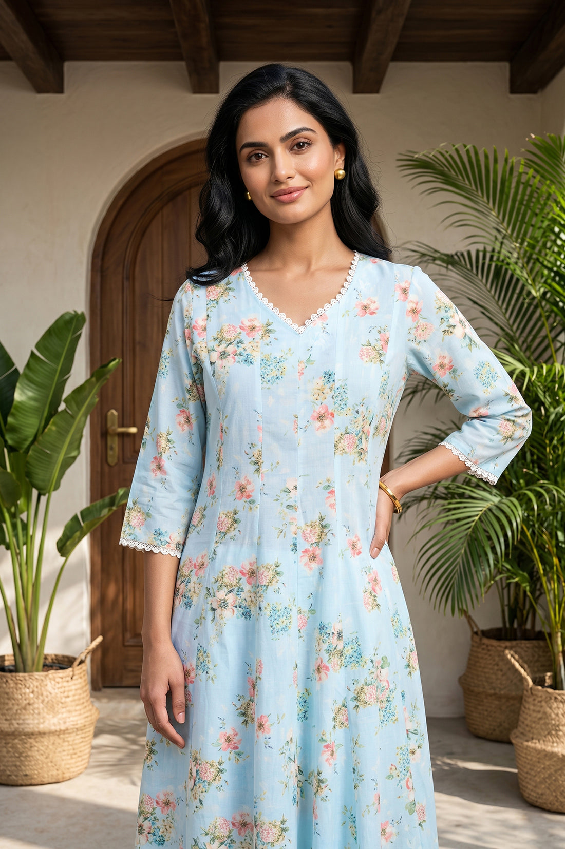 Blue Floral Printed Pure Cotton Flared Kurta