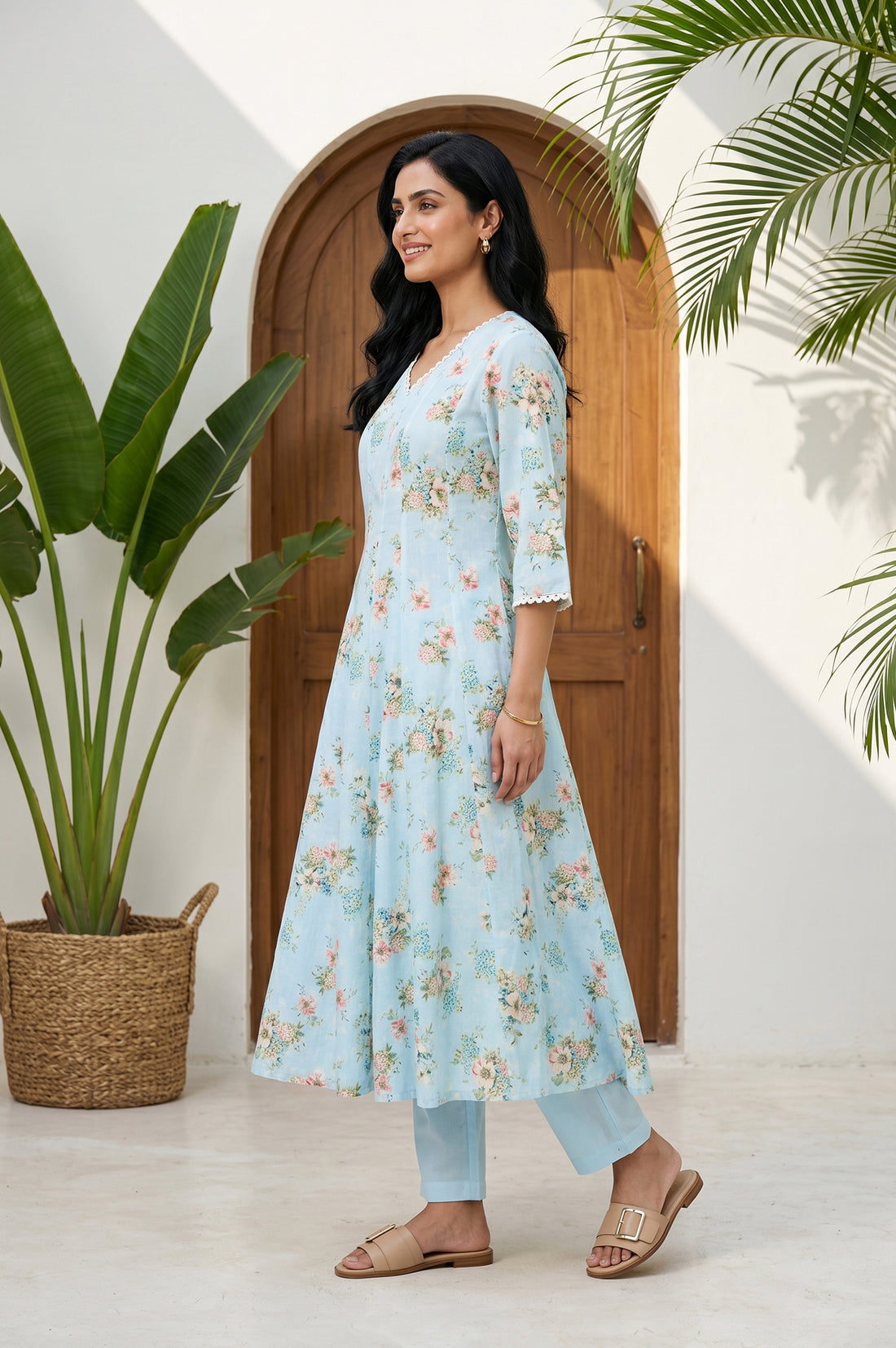 Blue Floral Printed Pure Cotton Flared Kurta