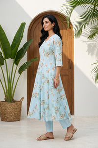 Blue Floral Printed Pure Cotton Flared Kurta