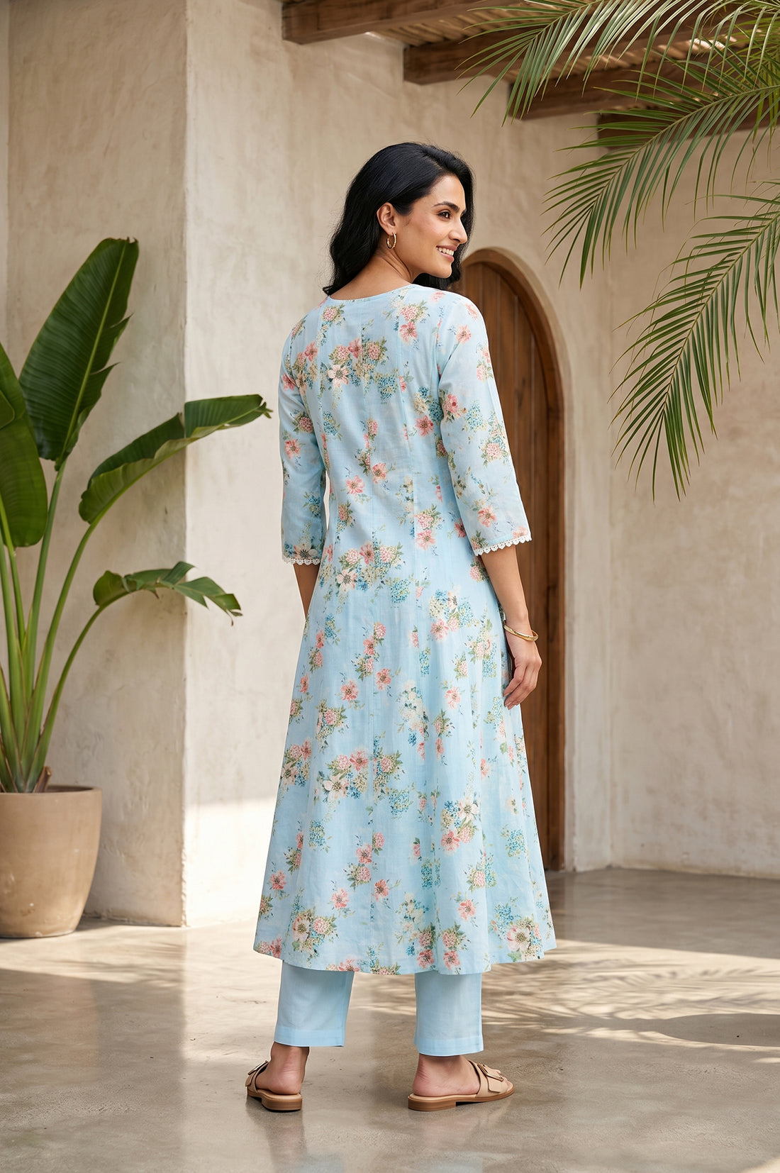 Blue Floral Printed Pure Cotton Flared Kurta