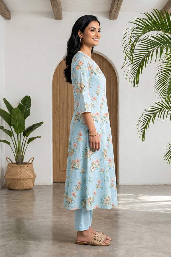 Blue Floral Printed Pure Cotton Flared Kurta