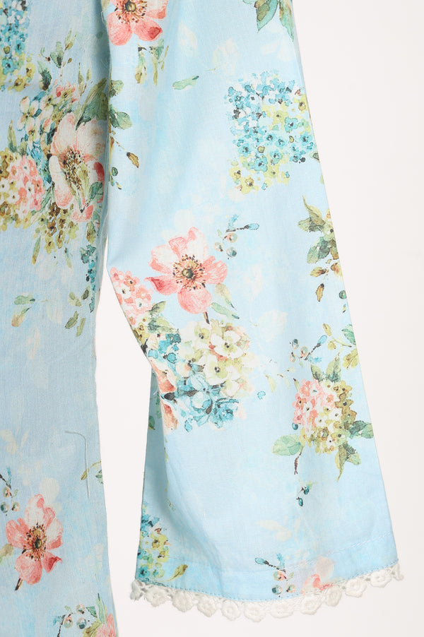 Blue Floral Printed Pure Cotton Flared Kurta