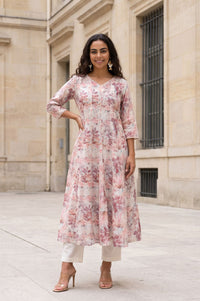 Off White Floral Printed Cotton Shimmer A-line Kurta with Lace