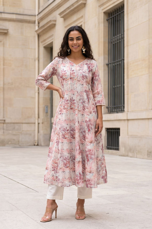 Off White Floral Printed Cotton Shimmer A-line Kurta with Lace