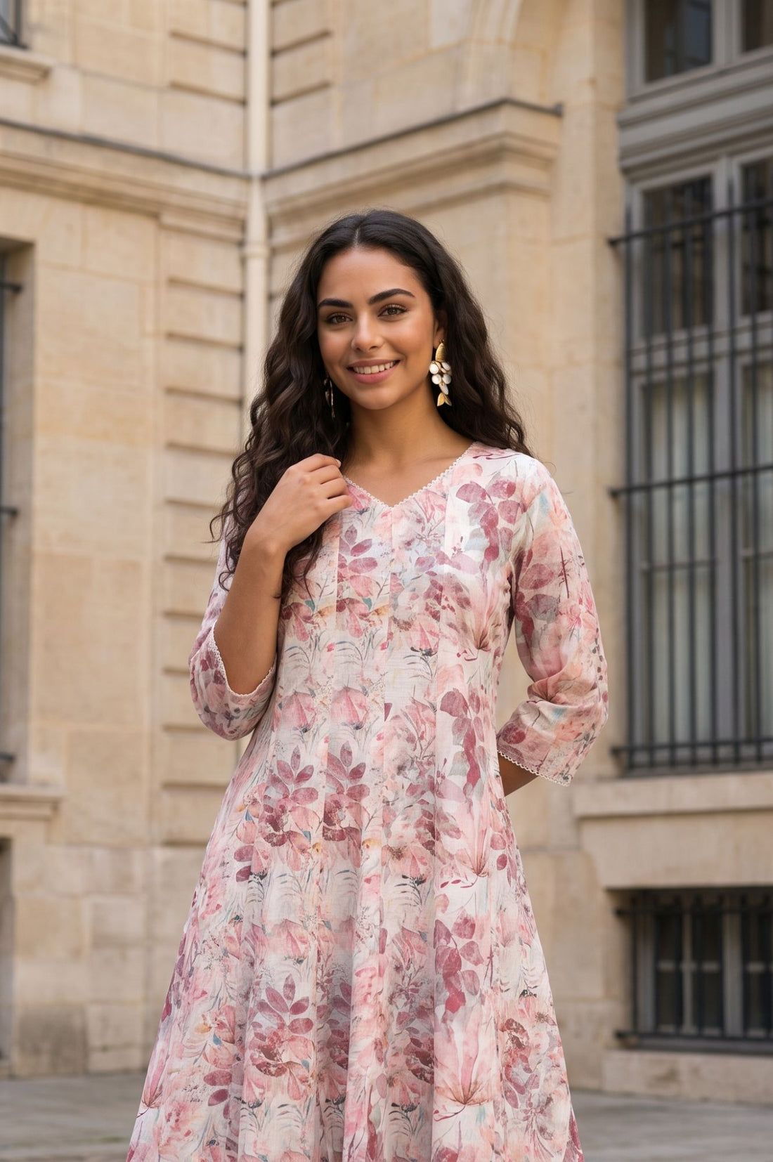 Off White Floral Printed Cotton Shimmer A-line Kurta with Lace