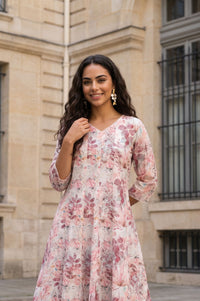 Off White Floral Printed Cotton Shimmer A-line Kurta with Lace