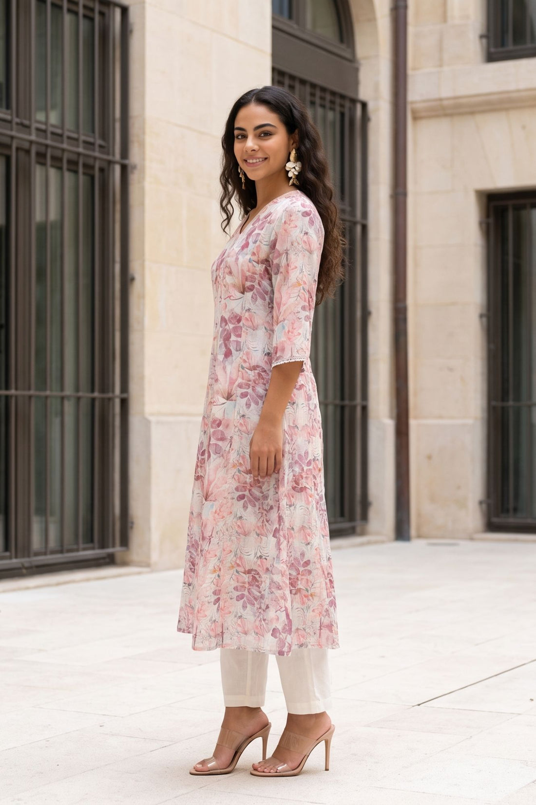 Off White Floral Printed Cotton Shimmer A-line Kurta with Lace