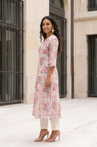 Off White Floral Printed Cotton Shimmer A-line Kurta with Lace