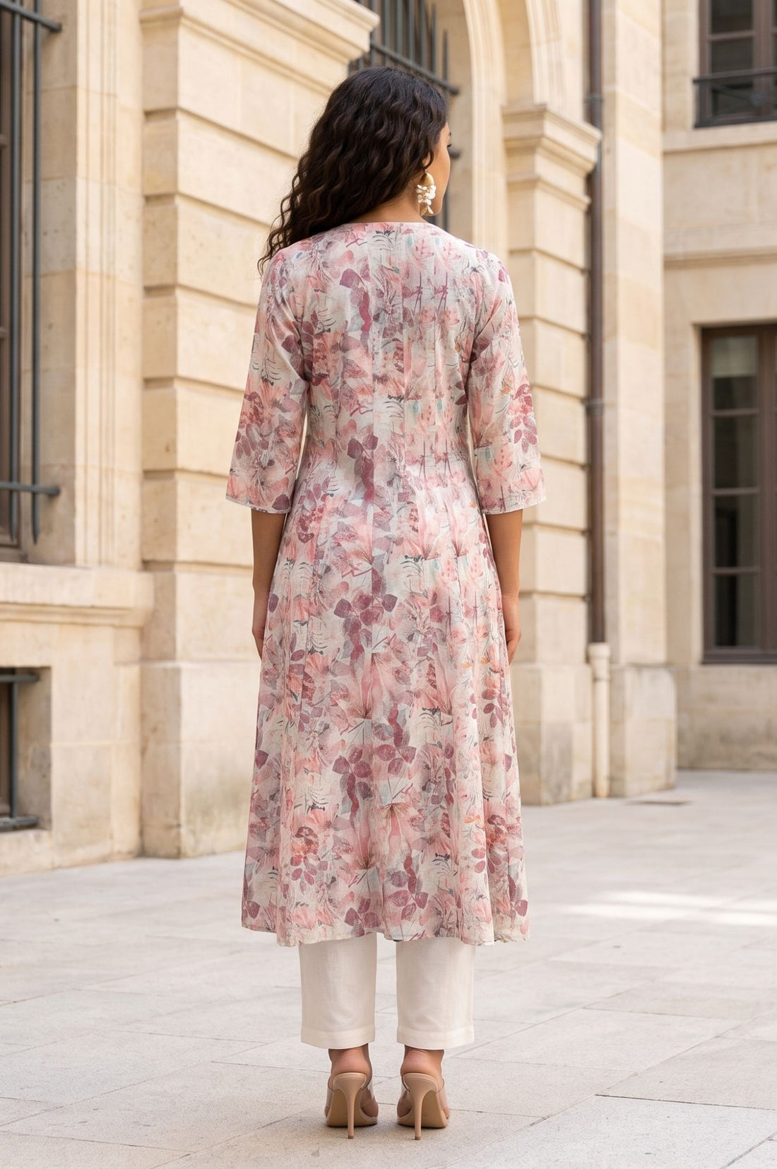 Off White Floral Printed Cotton Shimmer A-line Kurta with Lace