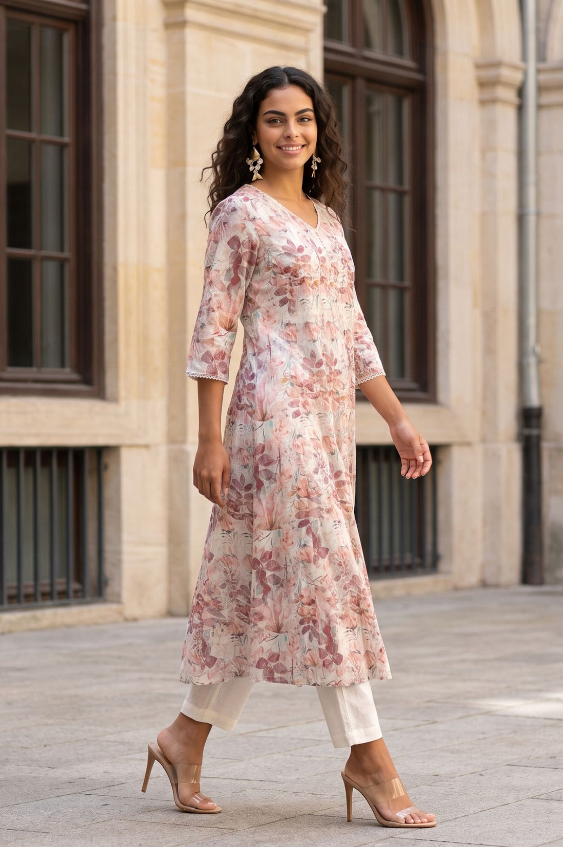 Off White Floral Printed Cotton Shimmer A-line Kurta with Lace