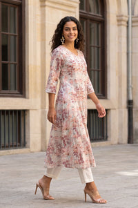 Off White Floral Printed Cotton Shimmer A-line Kurta with Lace